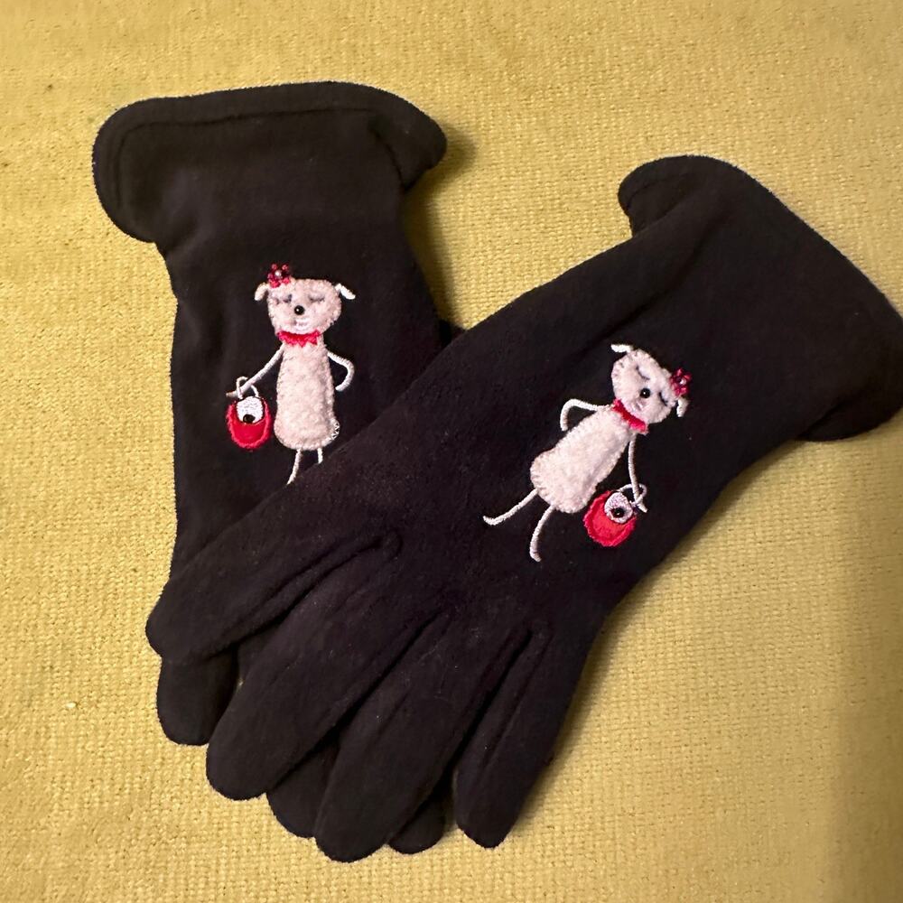 Vintage Fancy Doggie Diva Gloves. Black Polyester Gloves White Dog. One size.